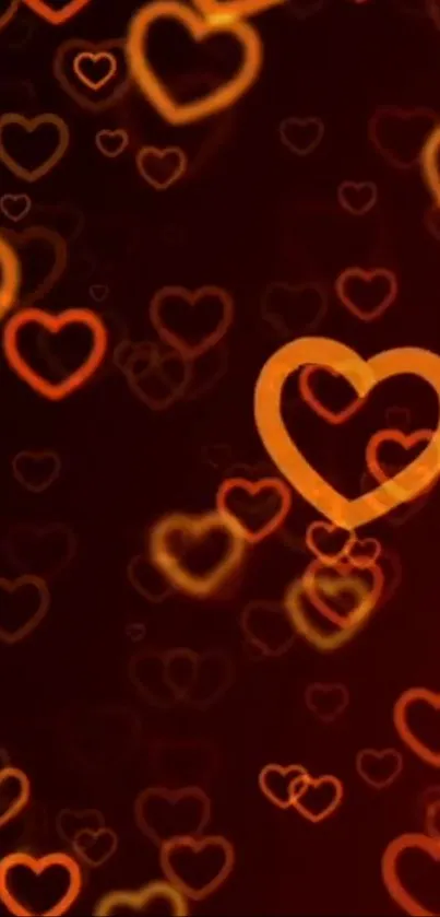 Vibrant dark red wallpaper with glowing orange hearts.