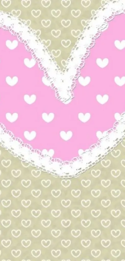 Lace-edged pink heart on beige background with white hearts.