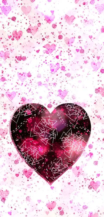 Pink and black heart pattern wallpaper with geometric designs.