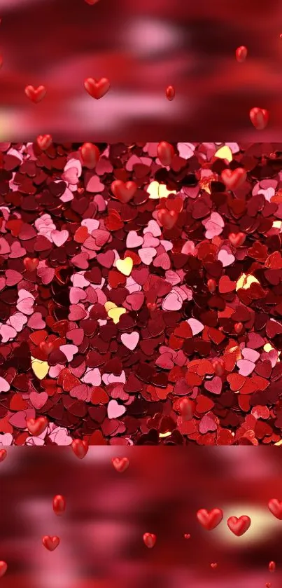 Red heart-shaped confetti wallpaper, perfect for mobile backgrounds.