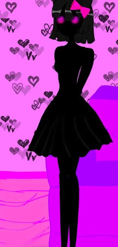 Black silhouette with pink hearts on vibrant magenta background.