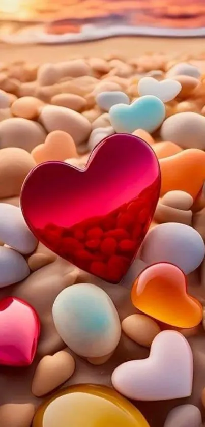 Heart-shaped pebbles on a sunset beach background.