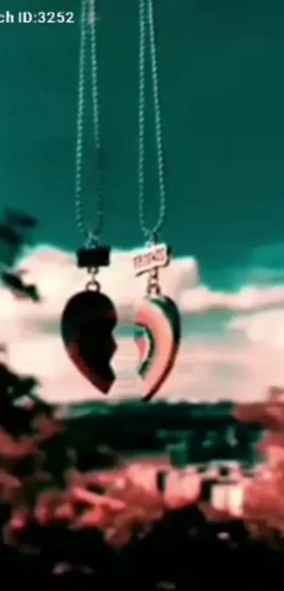 Heart pendant in scenic view with a turquoise sky backdrop and nature.