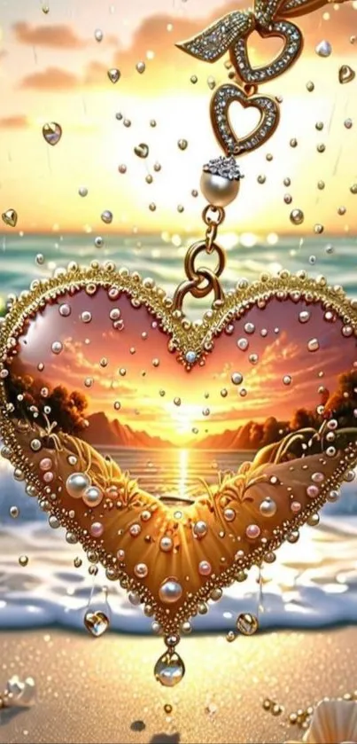 Heart-shaped pendant with sunset over ocean.