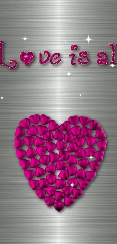 Heart-shaped pink petals on metallic wallpaper with 'Love is all' text.