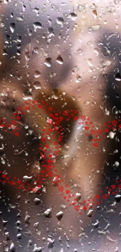 Heart-shaped raindrop phone wallpaper with red hearts on a textured background.