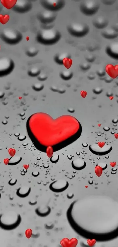 Red heart and raindrop wallpaper on gray background.