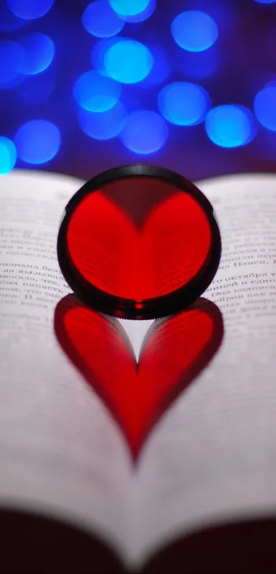 Heart shadow on book with bokeh lights background.