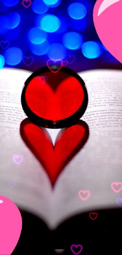 Heart shape created by light on an open book with bokeh blue background.