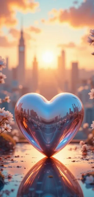 Heart-shaped reflection with blossoms in a sunset cityscape.