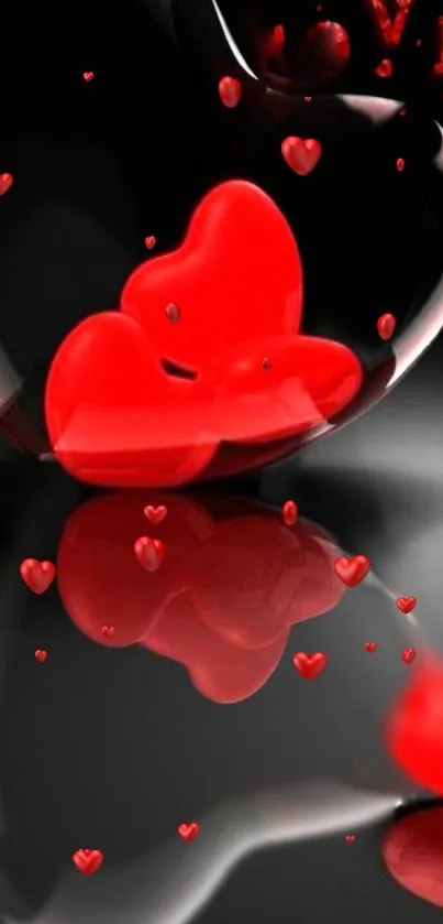 Red hearts reflected on a black background wallpaper.