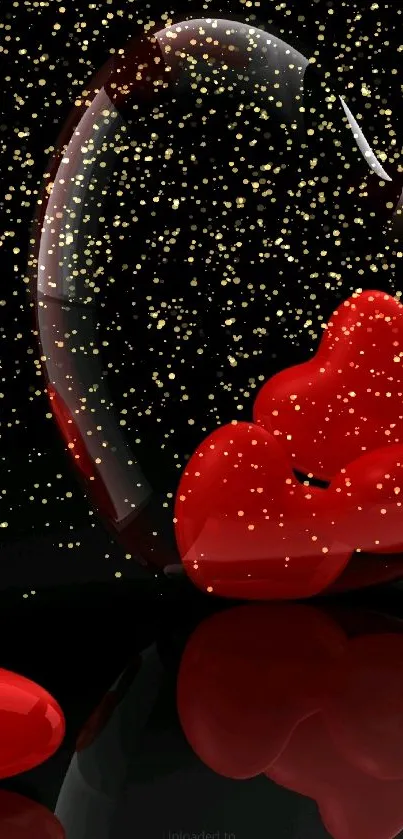 Glossy red hearts on a sleek black background wallpaper.