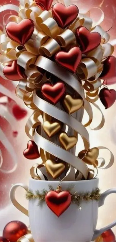 Mobile wallpaper with heart ribbons in a cup on red background.