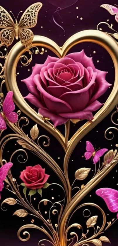 Gold heart with pink rose and butterflies on dark background.