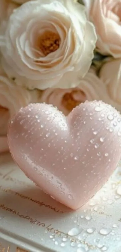 Heart-shaped soap with delicate rose background, elegant and romantic.