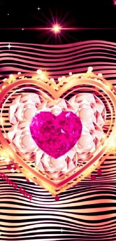 Vibrant pink heart with golden frame wallpaper design.