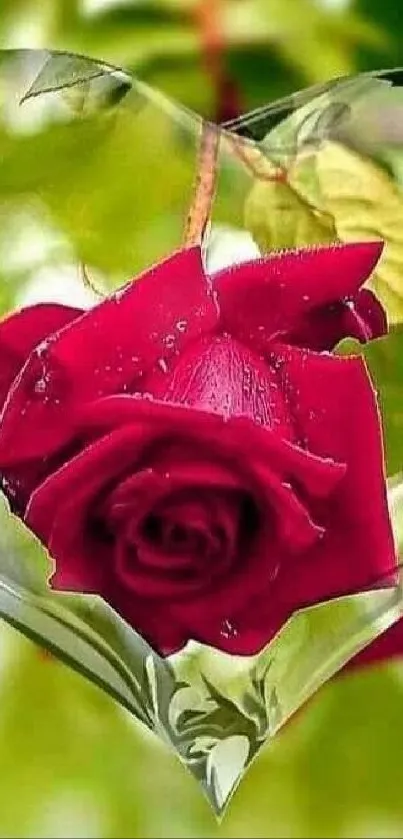 Heart-shaped glass with red rose inside against green leaves.