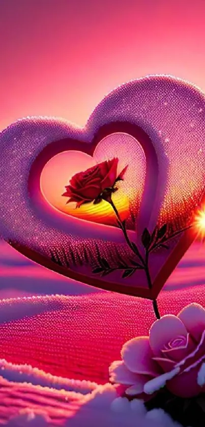 Heart-shaped frame with a rose at sunset, set against a vibrant pink sky.