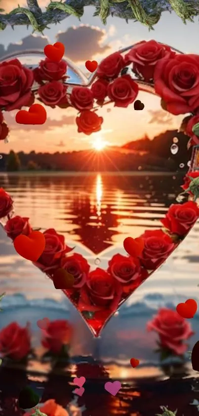 Heart shaped red roses at sunset over lake.