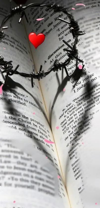 Heart shadow on book with barbed wire and red heart shape.
