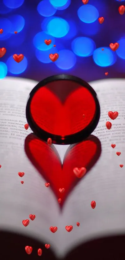 Romantic heart-shaped book shadow with colorful bokeh background.