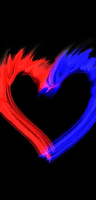 Heart-shaped neon art with red and blue brushstrokes on a black background.