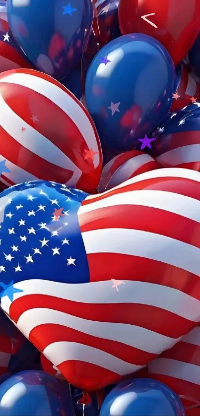 Heart-shaped balloons with American flag design, perfect for patriotic wallpaper.