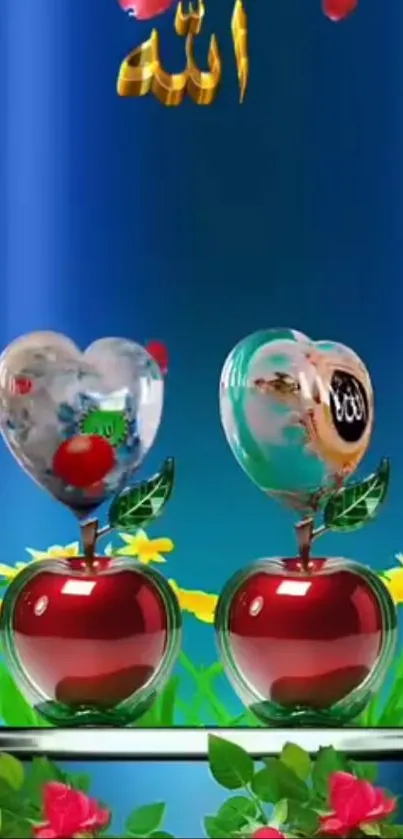 Heart-shaped apples and flowers on a blue background.