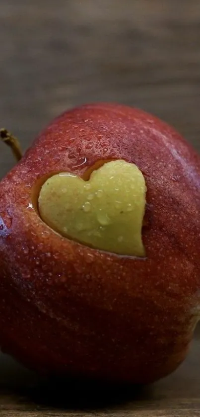 Heart-shaped cutout in a red apple on a wooden background.