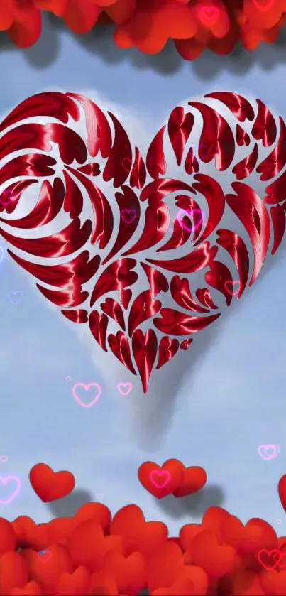 Artistic heart wallpaper with red and white design on blue background.