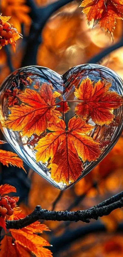 Heart-shaped glass with orange autumn leaves.