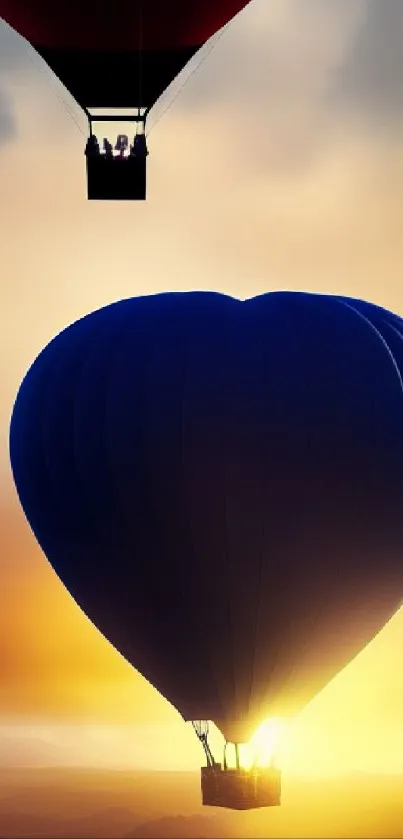 Heart-shaped hot air balloon against a sunset sky.