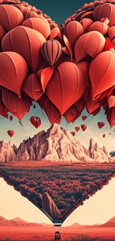 Heart-shaped balloons form a surreal mountain landscape.