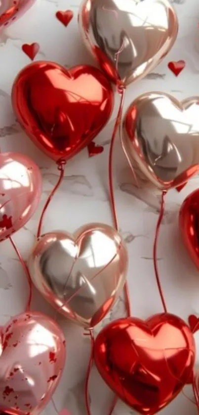 Heart-shaped red and silver balloons wallpaper.