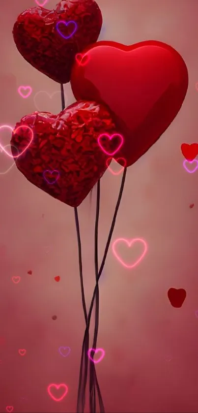 Heart-shaped balloons with a red theme on a soft background.