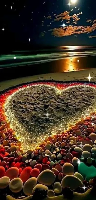 Heart beach art with stones under starry sky