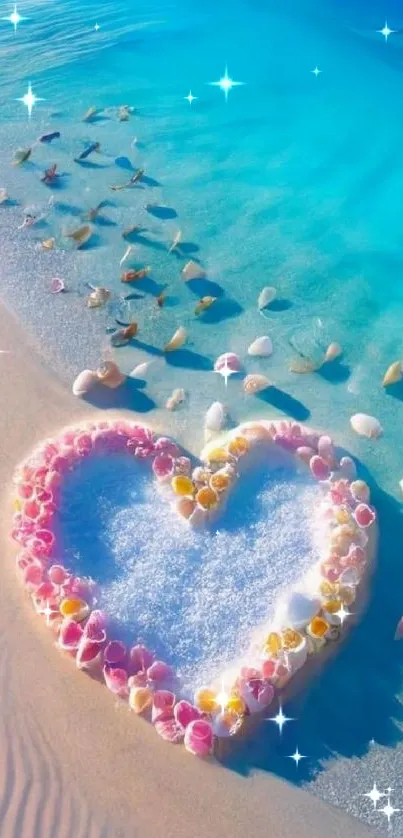 Heart-shaped seashell art on a serene beach with vibrant blue water.