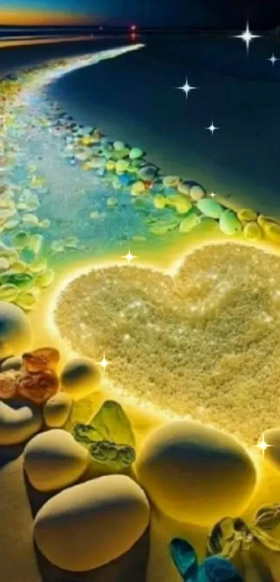 Glowing heart-shaped art in beach sand with colorful stones leading to ocean.