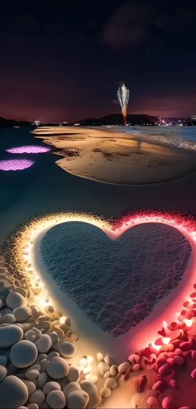 Heart-shaped beach design illuminated at night with colorful stones.