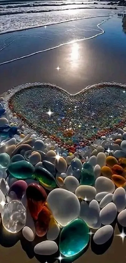 Gemstone heart on beach with ocean view.