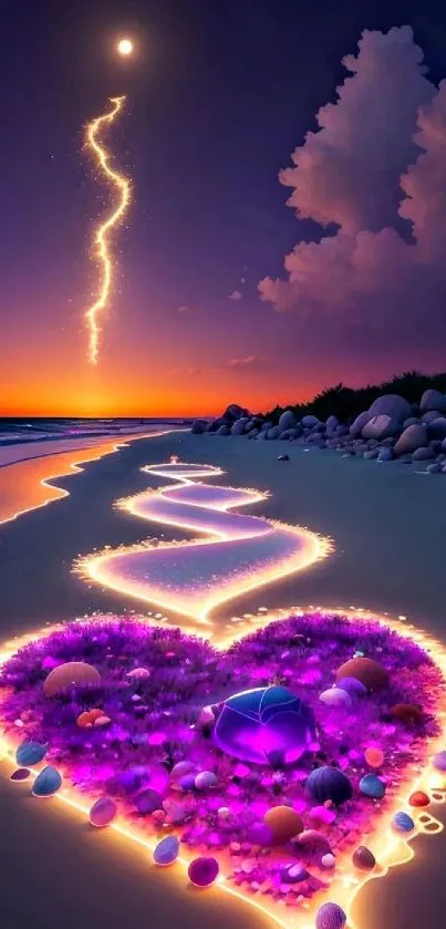 Heart-shaped purple lights on a beach at night with a glowing sky.