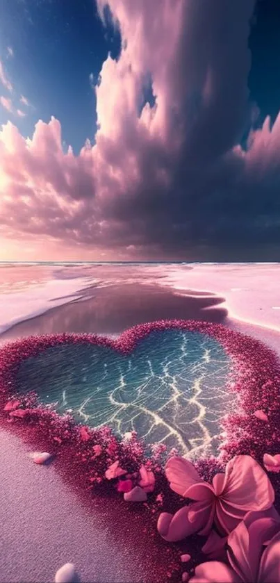 Heart-shaped water reflection with pink flowers on beach.