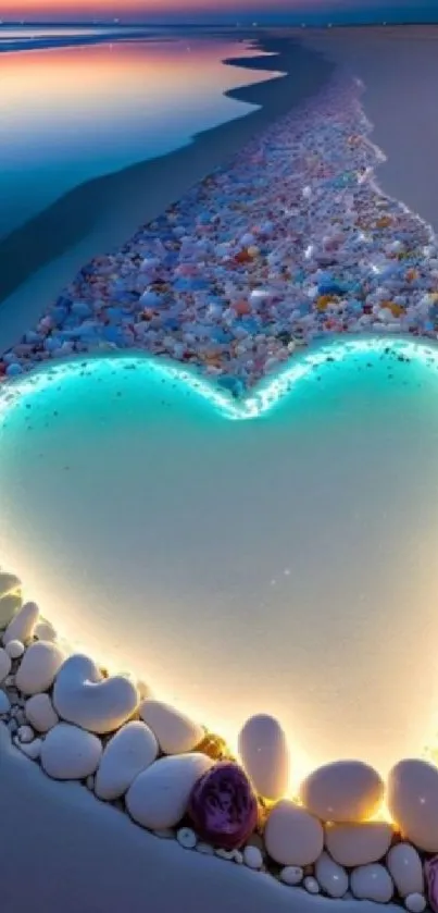 Heart-shaped beach stones glowing in pastel tones with sand background.