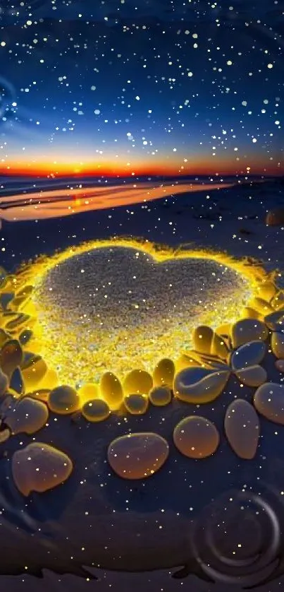 Heart-shaped sand surrounded by glowing pebbles at beach sunset.