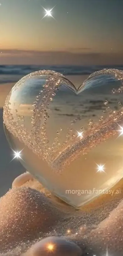 Heart-shaped object on sandy beach at sunset with serene ocean backdrop.