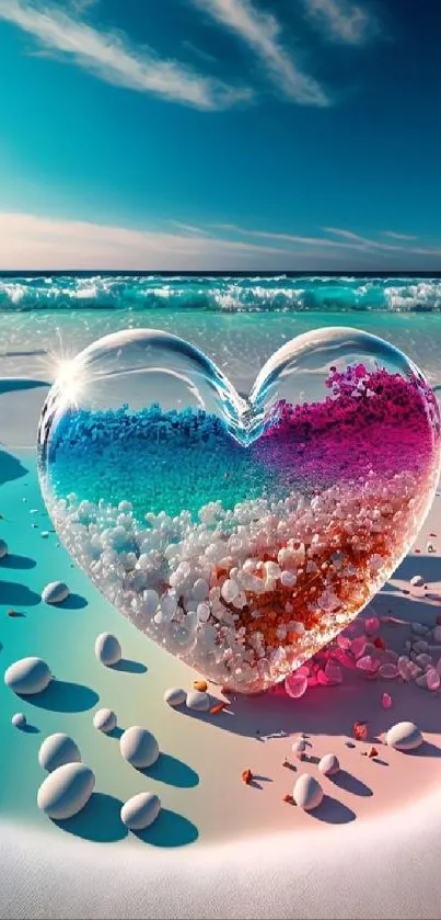 Heart-shaped glass on vibrant beach with colorful ocean view.