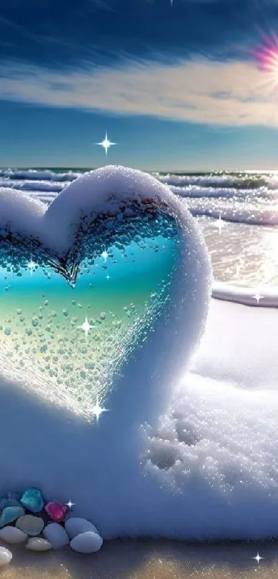 Heart-shaped ice formation on beach with ocean view.