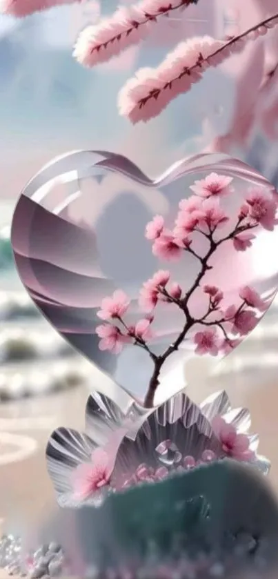 Heart-shaped crystal with cherry blossoms on a beach.