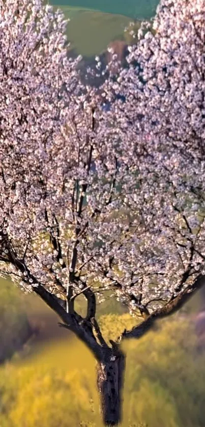 Heart-shaped blossoming tree on a vibrant landscape.