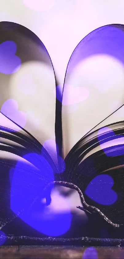 Heart-shaped pages of an open book creating a beautiful artistic wallpaper design.